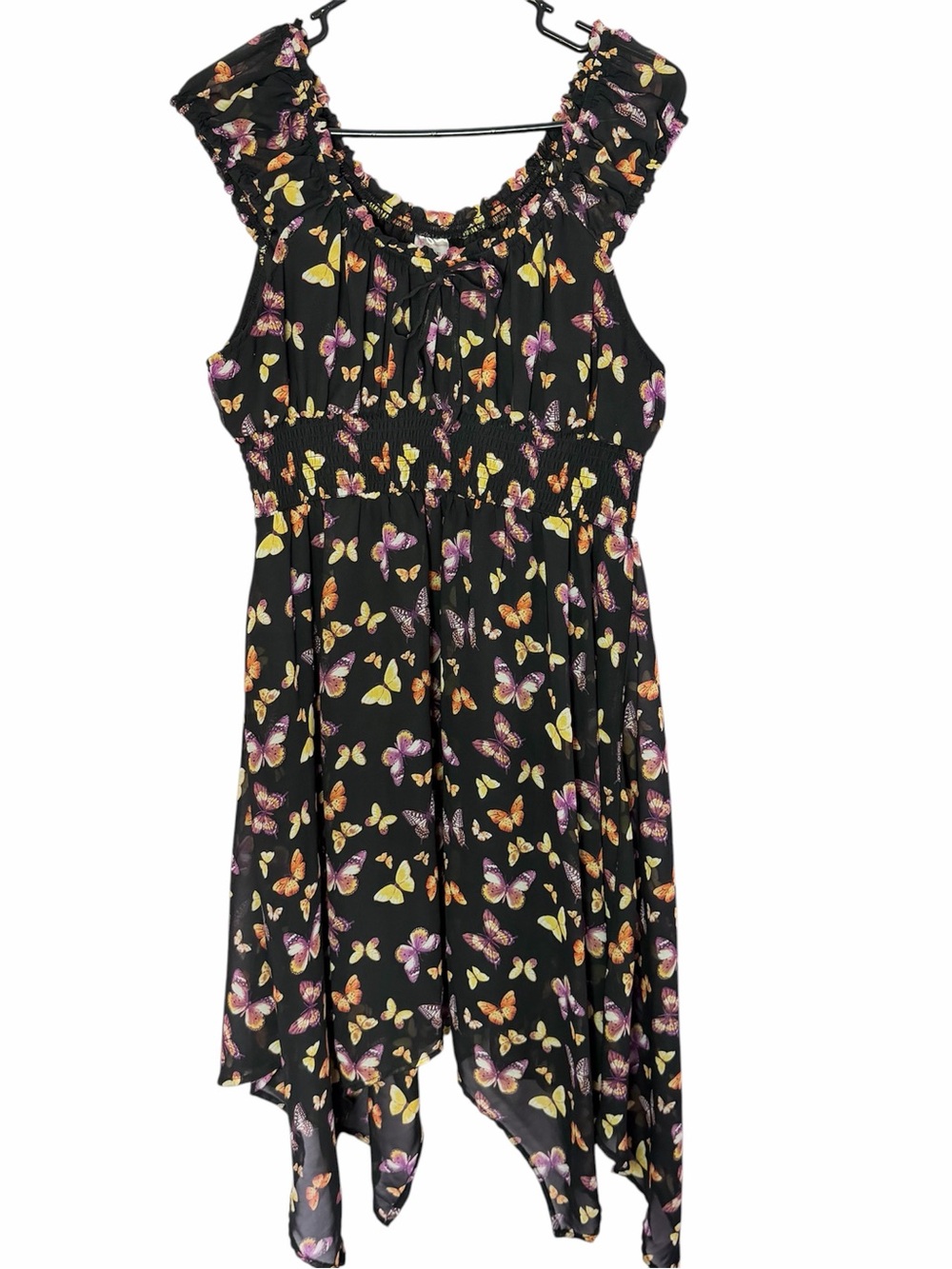 Black Butterfly Print Woman’s Dress Size L Off-Shoulder Elastic Waist Flowy fit